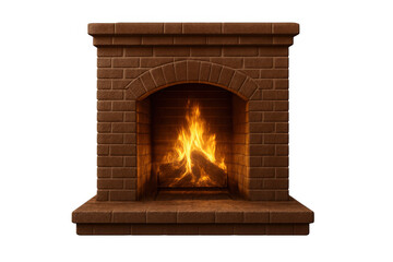 Obraz premium Brick fireplace with crackling fire and burning logs, providing warmth and a cozy home atmosphere, transparent background