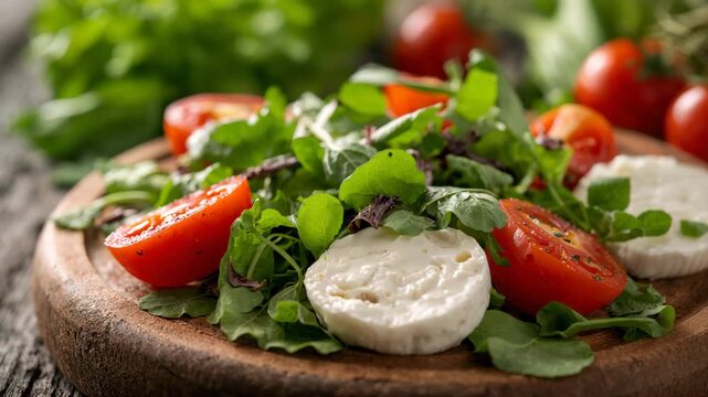 Close-up of fresh mozzarella and cherry tomato salad on rustic wooden board
