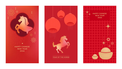 Chinese New Year 2026 greeting card set with red and gold designs, lanterns, gold ingots, and a stylized horse for the Year of the Horse.