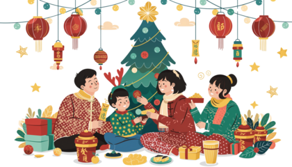 Happy family Celebrating Christmas together with Gifts and tree holiday illustration on white background PNG