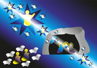 Christmas nativity scene, shepherds with sheep and angels with stars - abstract graphic with silhouettes of people, light and ray. Topics: card, gift, computer art, celebration, biblical scene
