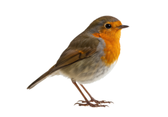 hyper-detailed side profile of an alert european robin, vibrant orange bib, sharp focus on plumage texture, isolated on a pure white background with copy space. concept of scientific precision