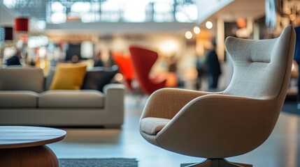 Beige fabric armchair in modern interior showroom setting