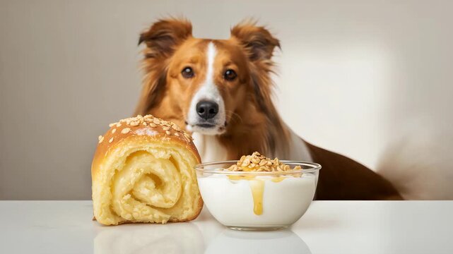 Collie begging at table for pastry and bowl of yogurt
