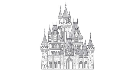 Intricate monochrome architectural illustration of a fantasy palace in fairytale style