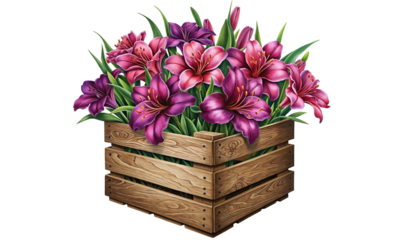 watercolor  purple  flower in wooden crate rustic floral illustration on white background PNG