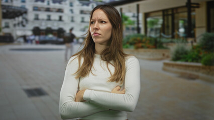 Woman with arms crossed on street plaza near storefront and fountain, frowning with eyes narrowed and tense posture; annoyed defiance.