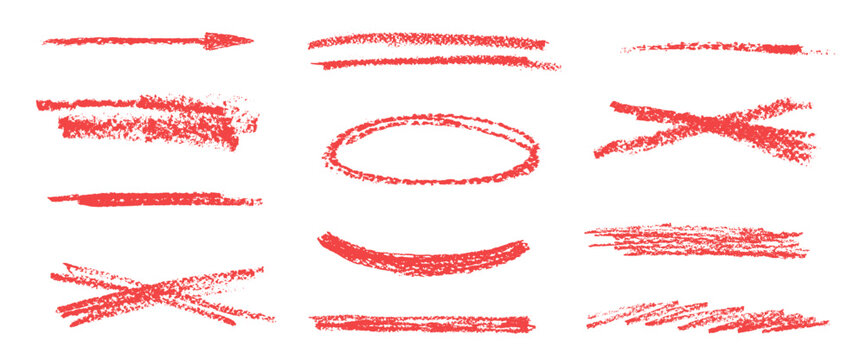 Red underlines crayon. Set of brushstroke pencil text marks lines. Hand drawn grunge textured streak, highlight, emphasis. Chalk arrow, scribble freehand elements. Vector crayon strikethrough isolated