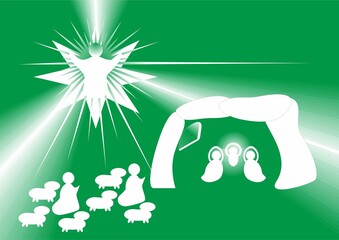 Christmas nativity scene, shepherds with sheep and an angel with rays - abstract dark green graphic with silhouettes of people in white. Topics: card, computer art, celebration, biblical scene