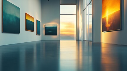 Modern art gallery interior with abstract paintings and sunset view