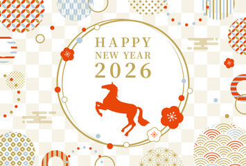 2026年 午年　馬と梅と和柄　おしゃれな年賀状	