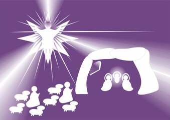 Christmas nativity scene, shepherds with sheep and an angel with rays - abstract purple graphic with silhouettes of people in white. Topics: card, computer art, celebration, biblical scene