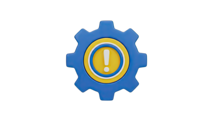 Blue and Yellow Cogwheel Icon with Exclamation Mark Warning Symbol on Transparent Background 3D Render