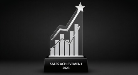 Stunning silver sales achievement trophy with upward trending bar graph signifies incredible business growth and success