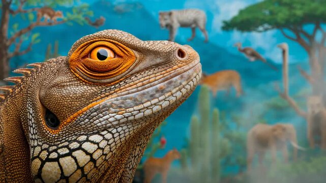 Close-up iguana opening its eye with safari animals and savanna background