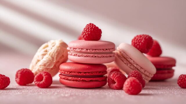 Close-up of stacked pink macarons with raspberries on a tabletop in soft studio light