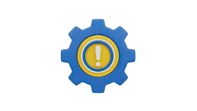 Blue and Yellow Cogwheel Icon with Exclamation Mark Warning Symbol on Transparent Background 3D Render - Powered by Adobe