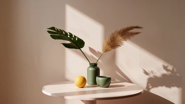 Sunlit minimalist still life with green vase and pampas grass on tabletop with copy space