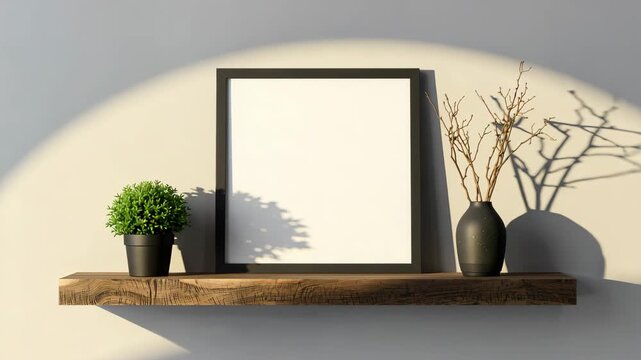 Blank frame and potted plant on wooden shelf as sunlight casts moving shadows