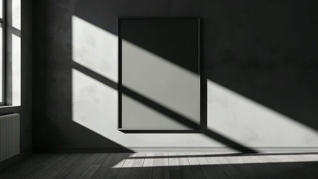 Sunlight sweeping across empty gallery wall with blank frame and copy space