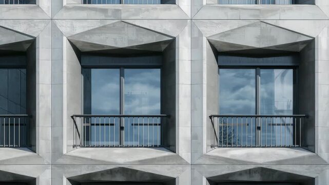 Modern concrete facade with folding juliet balcony opening over reflective windows