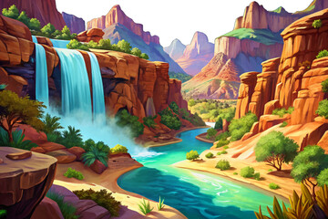 Havasu Falls features striking turquoise water flowing over vibrant red rock, forming one of the most visually stunning and remote waterfall locations within the Grand Canyon region © Evan