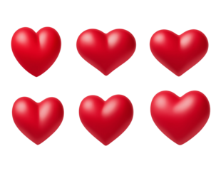 Six red hearts in a grid isolated on a transparent background