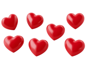 Seven Red Hearts 3 D Render isolated on a transparent background