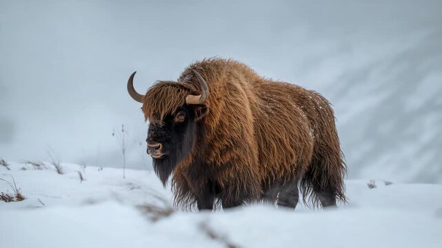 Musk ox walking across snowy tundra in winter wilderness
