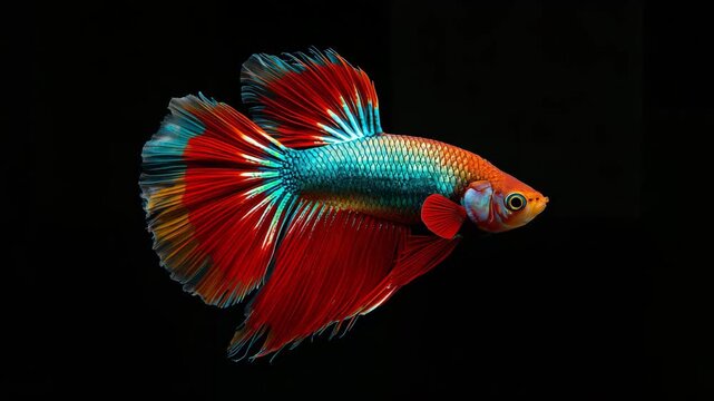 Colorful betta fish swimming gracefully on black background