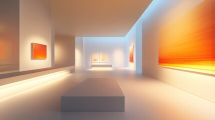 Modern art gallery interior with abstract paintings and warm lighting