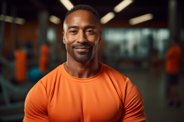 Obraz premium fitness trainer african american man happy in orange sports clothes in gym blurred background