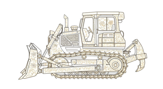 Intricate Floral Patterned Bulldozer Illustration on a White Background Design Drawing