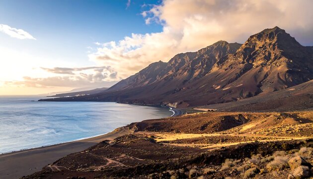 A coastal landscape featuring a dark sandy beach, blue ocean, and rugged mountains under a partly cloudy sky at sunset - Powered by Adobe