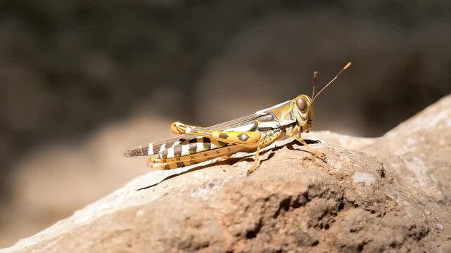 Sunlit grasshopper resting on rocky surface close-up macro nature background