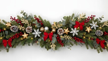 Festive christmas garland with red bows and gold stars isolated on white background