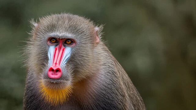 Colorful mandrill close-up portrait turning head in lush forest
