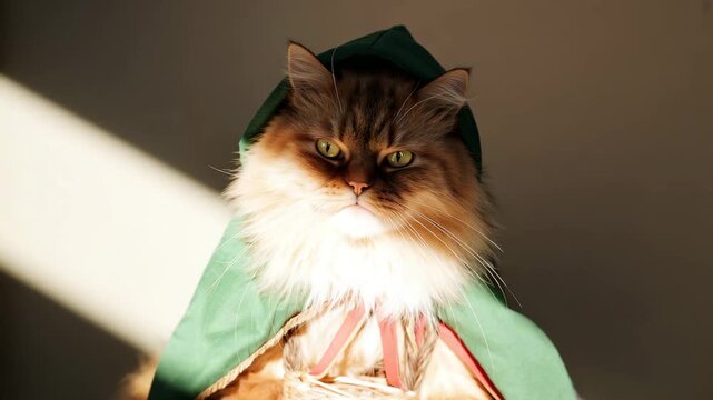 Longhair cat wearing green hooded cloak in natural light studio portrait