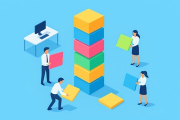 A group of people are building a tower out of blocks