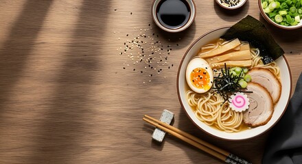 A beautifully styled flatlay of a classic Japanese tonkotsu ramen bowl placed on the right side of the frame, leaving clean and spacious copy space on the left