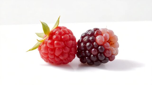 Close-up of red and dark raspberries on white background with slow camera pan