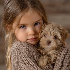 Girl and puppy in cozy embrace, warm sweater.