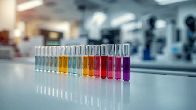 Row of colorful test tubes on glossy lab bench in modern research laboratory