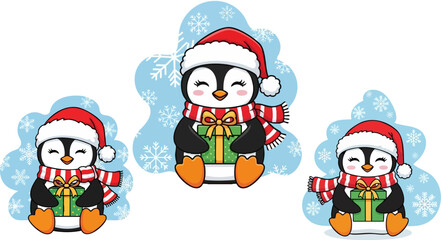 Three cute cartoon penguins wearing santa hats and holding christmas presents against a snowy background