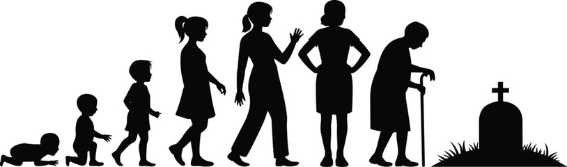 PrintBlack Silhouette Life Cycle Vector Set, Woman's Aging Process from Baby to Elderly and Gravestone Icon, Stages of Human Life and Time Passing Concept