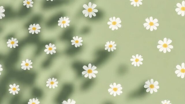 Seamless loop of white daisy pattern with drifting leaf shadows on green background