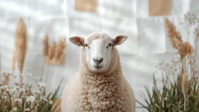 Sheep portrait in neutral studio backdrop with pampas grass and wildflowers