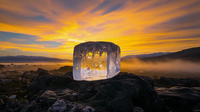 Time-lapse of glowing ice block on rocky beach at sunrise