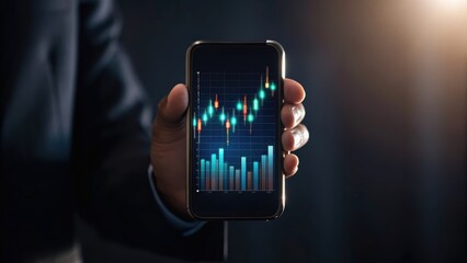 A hand holds a smartphone displaying a stock market chart with rising graphs and bars, symbolizing finance and investment analysis.