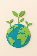 A green and blue globe with a plant growing out of it